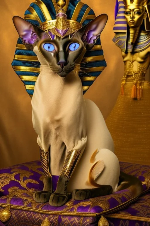 A Oriental shorthair Siamese cat wearing a small Pharoah's crown .The cat is sitting up tall on a purple velvet royal Egyptian cushion with intricate gold design and gold thread tassels. BG is Pharoah on his throne in painterly, airbrushed, image. Bing.