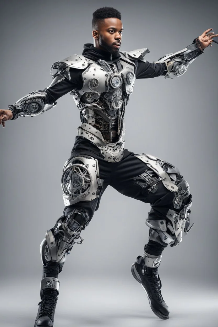 Excited art hip hop dancer wearing biomechanical,full body