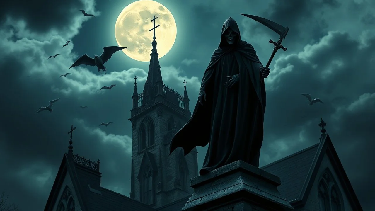 Hyper Realistic Iconic Grim Reaper Wearing A Black Cloak Standing Dramatically On The Rooftop Of A Gothic Castle With Other Ghosts Flying On Sky At Dark Cloudy Full Moon Night Showing Dramatic And Cinematic Ambiance.