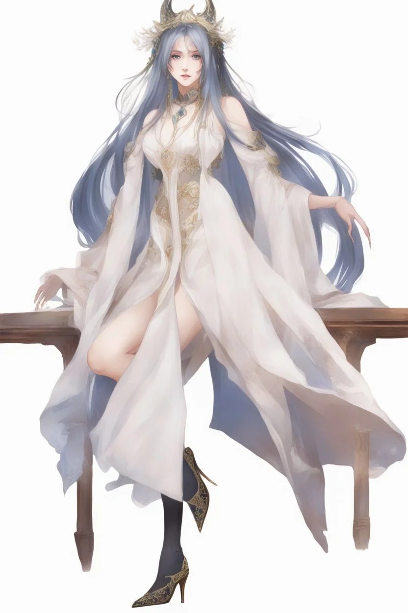 Moon queen long white hair, black robes, blue eyes