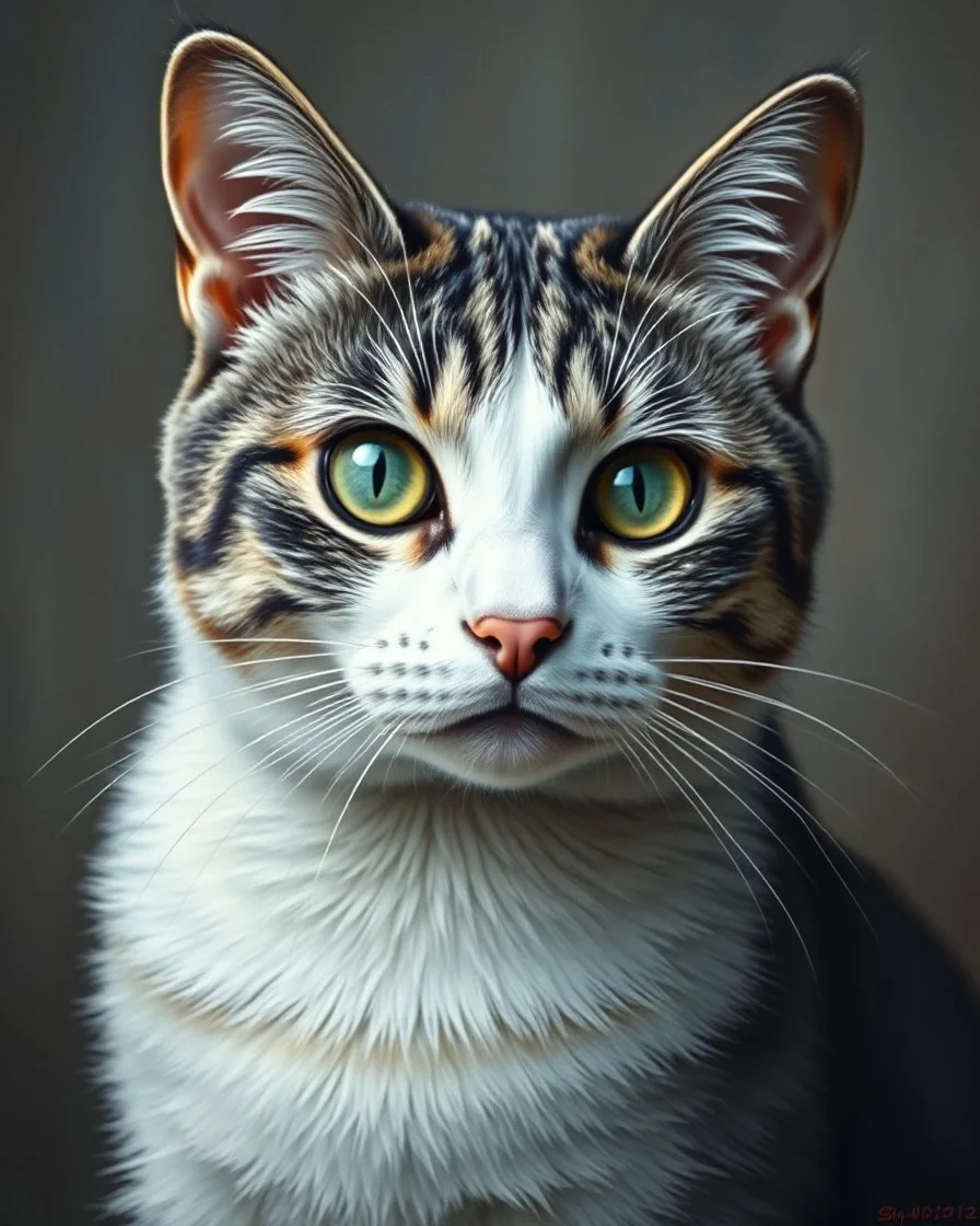 Detailed Surreal Portrait of Oriental blue and white tabby cat, with white face and green eyes by Van Gogh in muted colors.