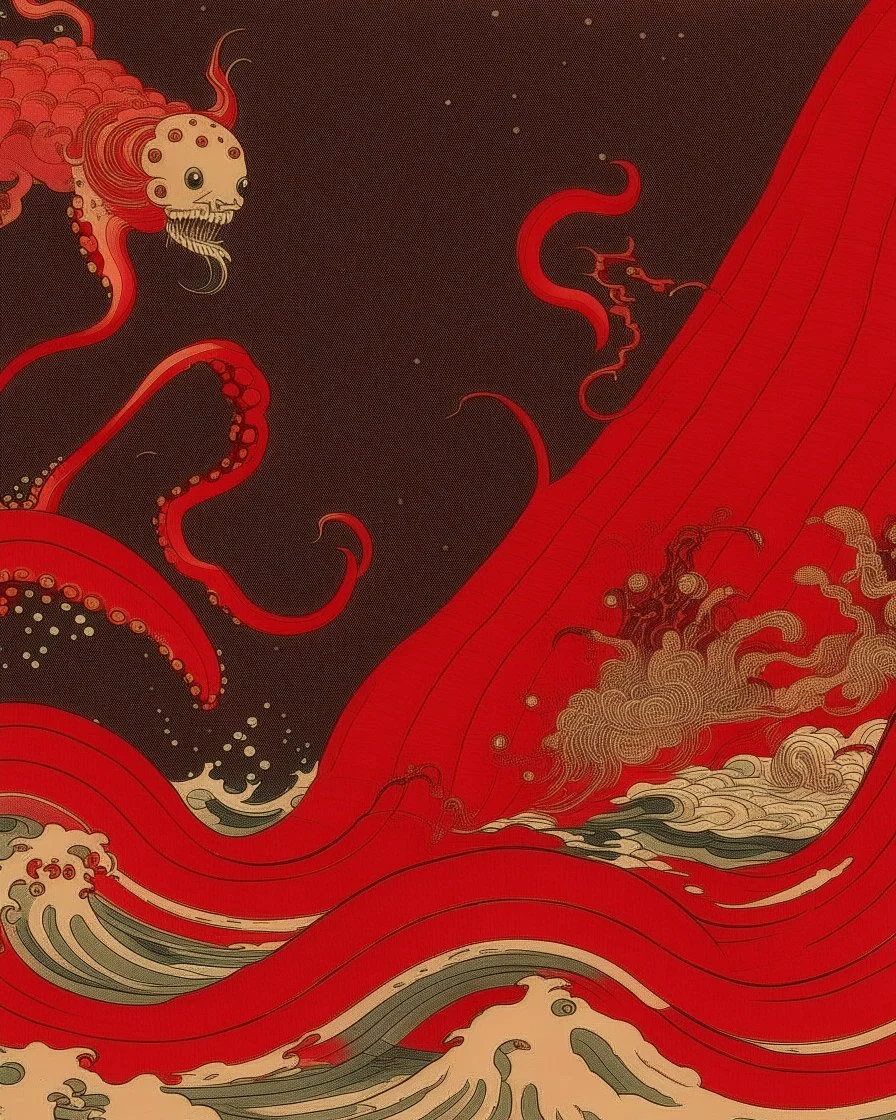 A dark red deep abyss with vampire squids painted by Katsushika Hokusai