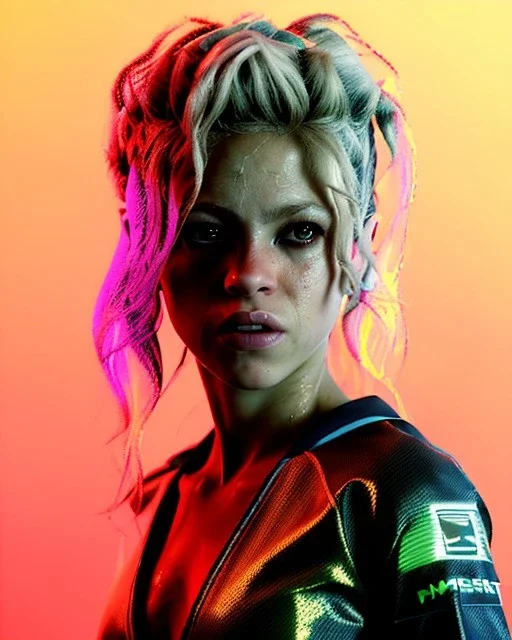 portrait, Shakira, blonde artist, angry, Realistic image, MMA robe, hoodie, mma gloves, loose long hair, eyes, makeup, gold line make up, moisture, sweat, fog, goddess, Neon colors, leds. Black background, photo studio, concept art, smooth, unreal engine 5, god lights, ray tracing, RTX, lumen lighting, ultra detail, volumetric lighting, 3d, finely drawn, high definition, 4k.