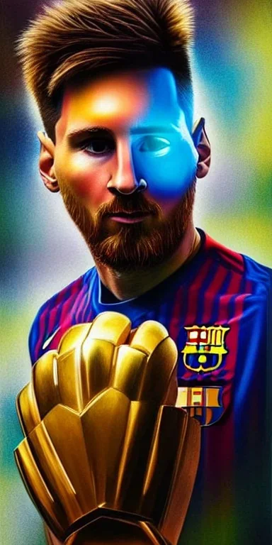 Insanely detailed portrait of messi in argentina jeesey wearing an infinity gauntlet bearing a world cup trophy emblem::perfect proportions::by Artgerm, Greg Olsen, Pixar, WLOP:: hyperrealistic, hyper detailed,photorealistic::a masterpiece,incredible composition,amazing depth, imposing,meticulously composed::Mappa studios::detailed matte painting,deep color,fantastical,intricate detail,splash screen,complementary colors,fantasy concept art, 8k reso trending on Artstation Unreal Engine