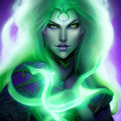 Female dungeons and dragons character, aasimar, fey warlock, spy, flowing white hair, glowing green eyes, mysterious facial expression, close-up, violet magical energy