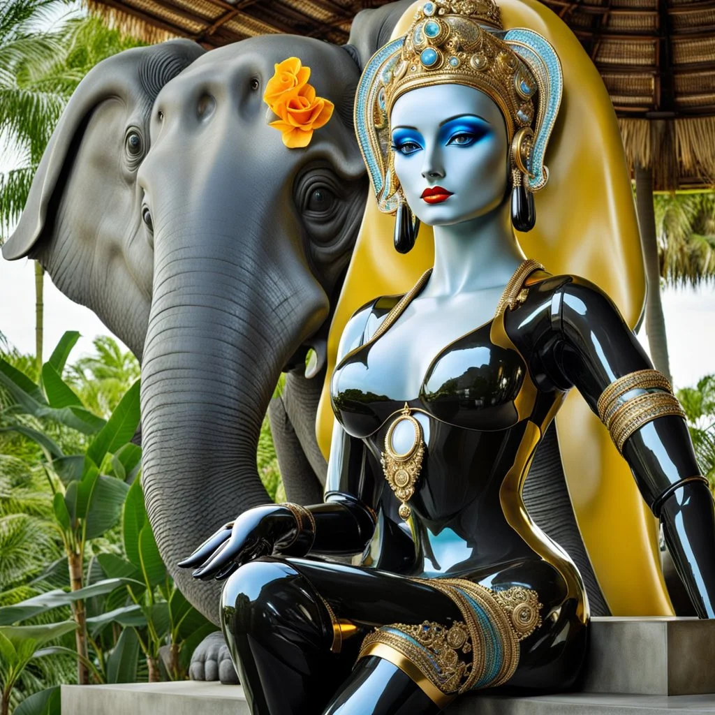 female humanoid robot, beautiful like a supermodel from the sixties, beautiful eyes, sexy, helmut newton, glass bubble, elephant sculpture, lord ganesha