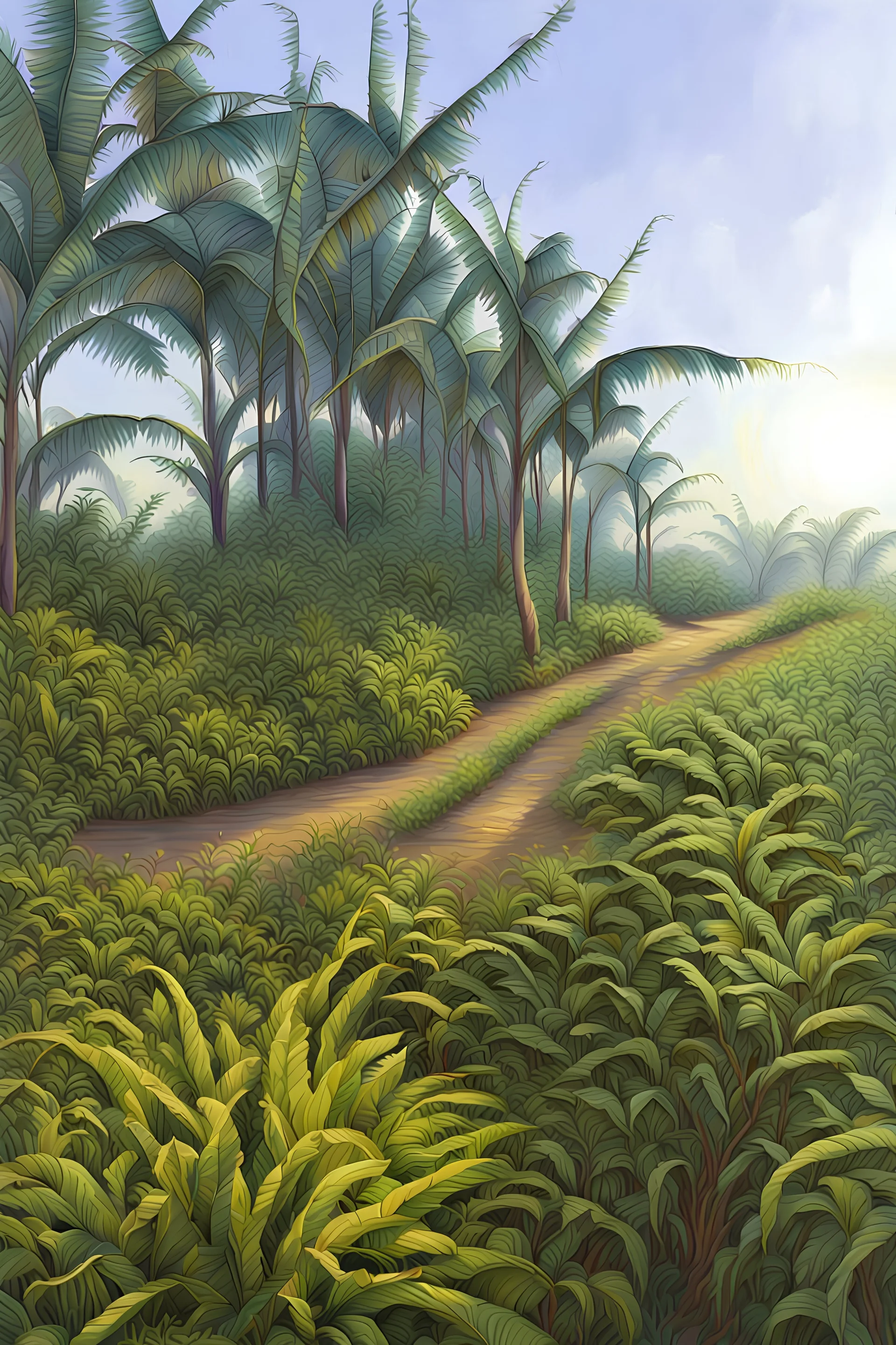 The drawing is devoid of characters. It is a drawing of the countryside of the village of Hajj Khalil. It shows tall banana trees, with tall green grass next to them, then a path decorated on both sides with beautiful green grass with warm sunlight reflecting on it. The sky is turning purple and the sun is about to set. Make it an oil painting