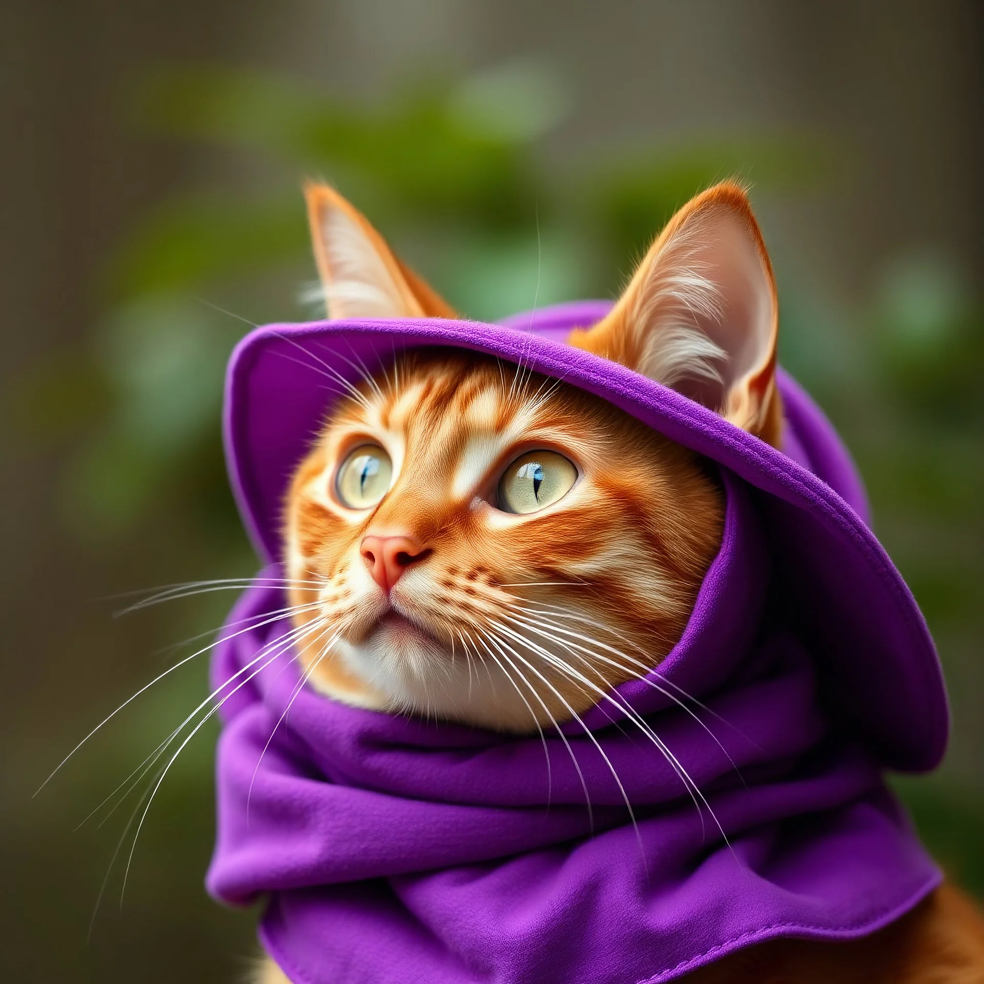 red cat wearing a purple hat