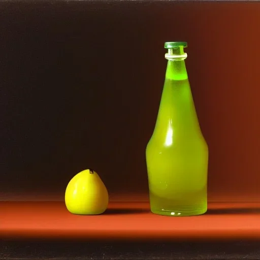 still life bottle half fruit