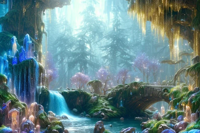  white and gold crystal cosmic ambiance，waterfall, full of details, smooth, bright sunshine，soft light atmosphere, light effect，vaporwave colorful, concept art, smooth, extremely sharp detail, finely tuned detail, ultra high definition, 8 k, unreal engine 5, ultra sharp focus