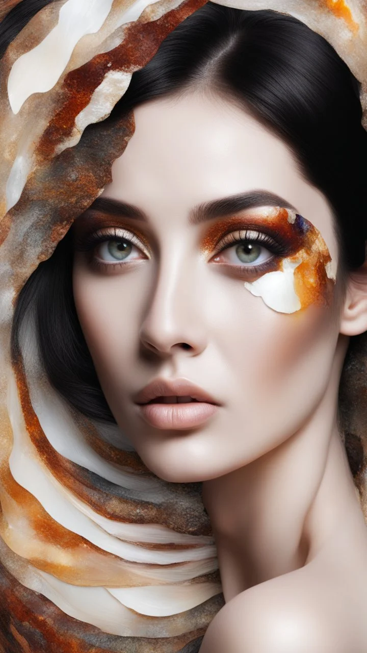A beautiful women face abstract with open large eyes pattern using a palette of mother of pearl, rosewood, burnt amber beautiful black hair