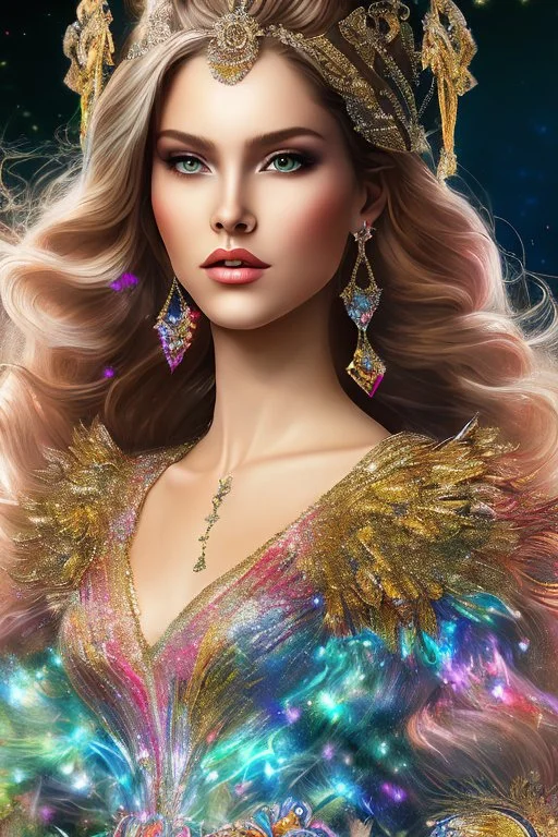 photo realistic painting ((full body)) ((stunningly attractive)) a woman sitting on a majestic chair , ((perfect feminine face)), (colorful wavy hair),, glitter, wearing a dress, intricate, 8k, highly detailed, volumetric lighting, digital painting, intense, sharp focus, sitting on a majestic luxury comfort