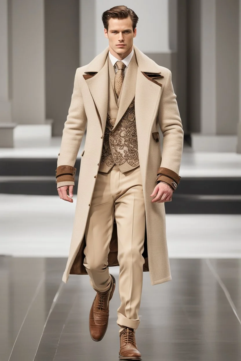 a men winter fashion runway with modern clothes inspired by Superman style, embroidery elegante fashion beige tones