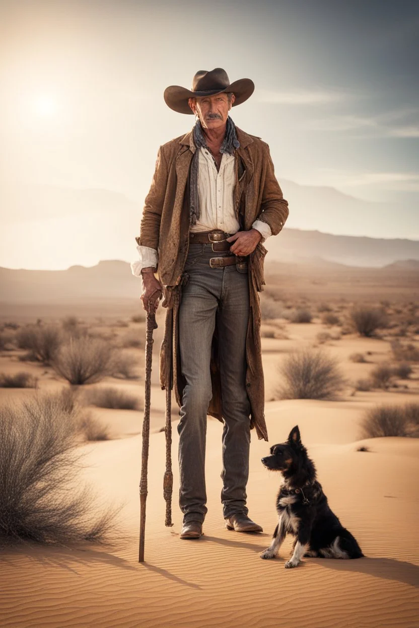 Full body cowboy in a desert with a dog and fancy walking stick