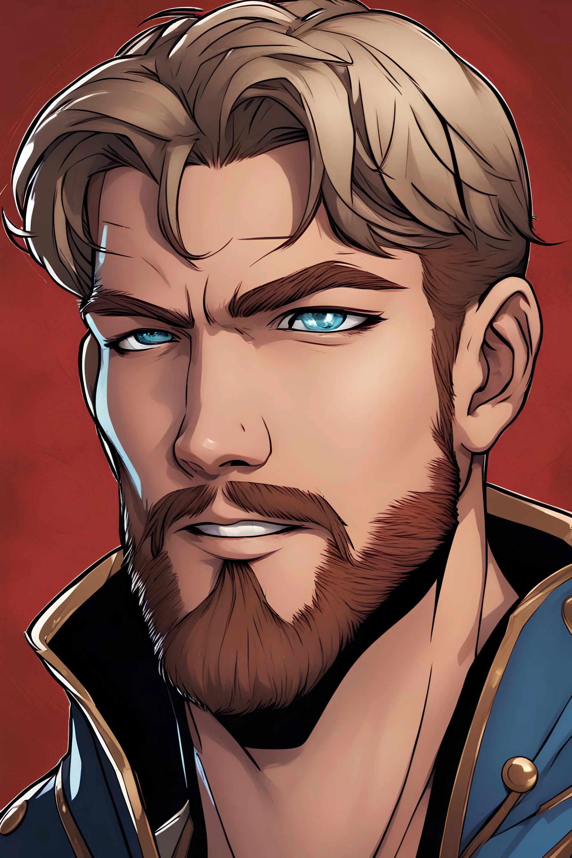 {{Man}}, Male, Olive Skin Tone, Short Hair, Dark Hair, Adult, Alan Ritchson, {{Blue Eyes}}, Black/red plate Medieval Attire, Digital Art, Graphic Novel Style, Portrait, smile, beard