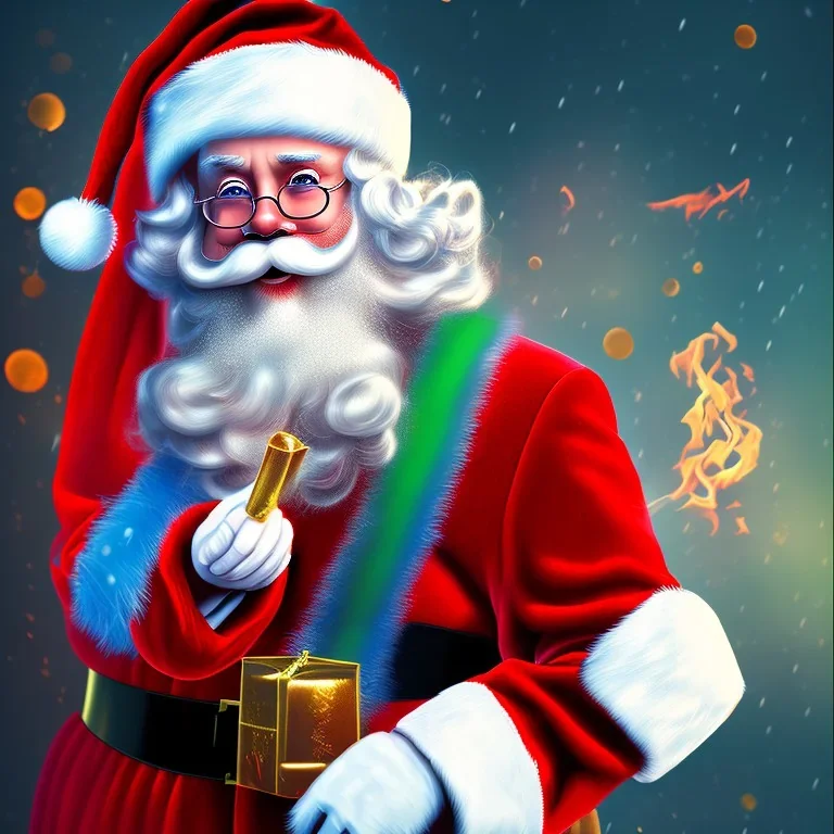 Santa, red green blue, high definition, ultra 8 k, liquid lighting, fire, rain, realistic