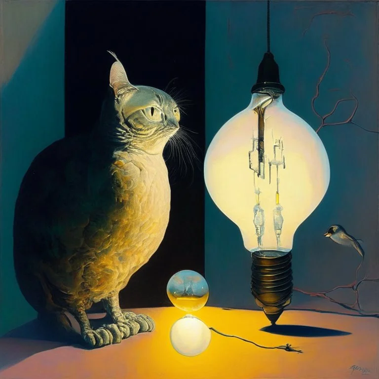 Abstract painting formed by a mix of human flesh-like surgical instruments and universe-like neuralink, a cat looking at a pigeon inside a huge bulb between light and shadow at dusk,surrealism,minimalism,Painting By Adrian Ghenie, Rene Magritte, Salvador Dali, Lucian Freud