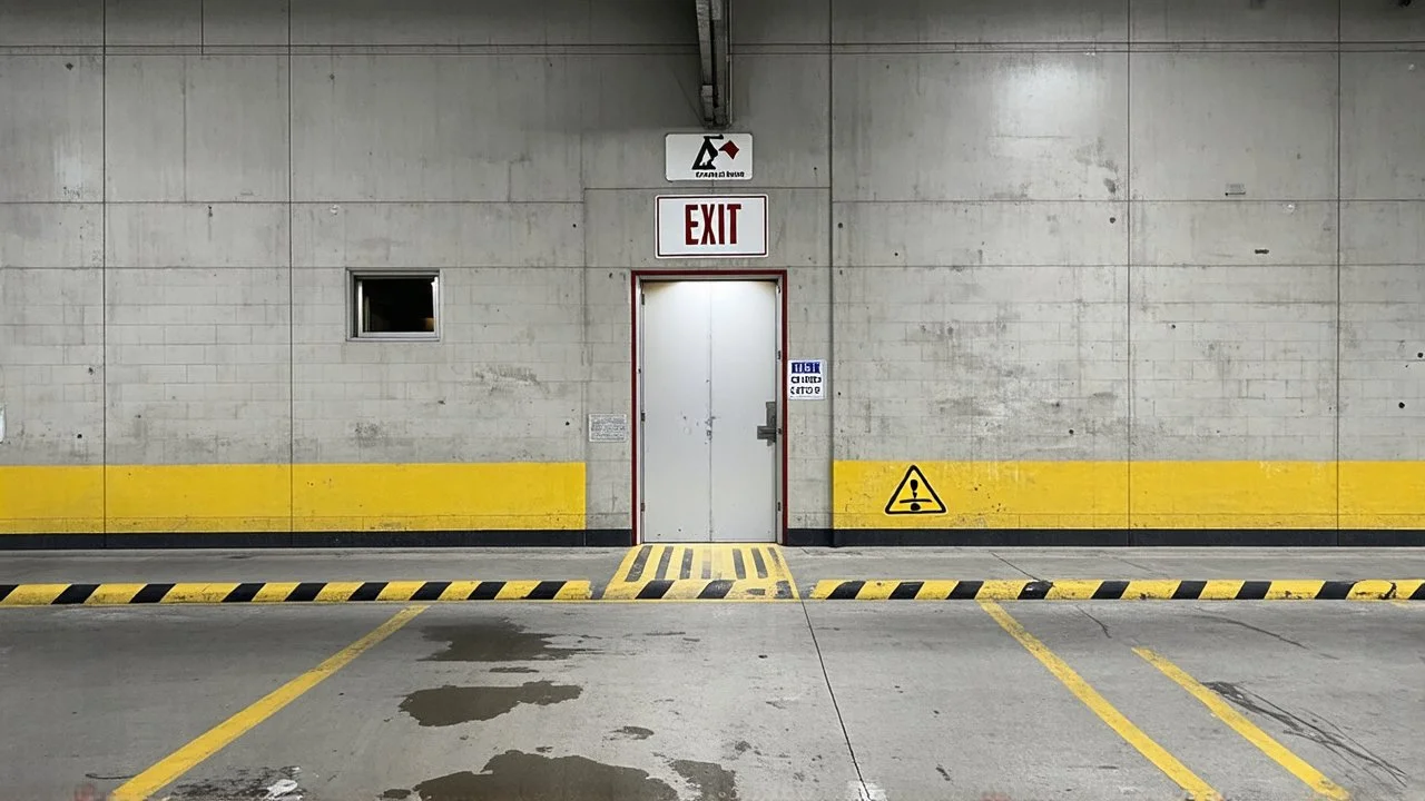 wall design for parking garage, concrete, yellow painted hazard lines, weathering and water stains, in middle is an exit doorway with small window, with a sign is above. rough painted hashmarks and parking lines, add signage found in a parking garage.