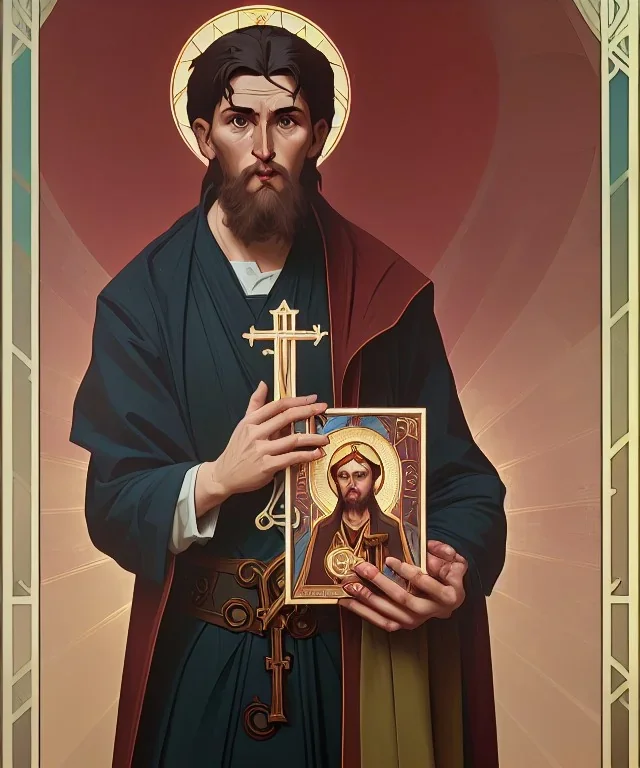 orthodox old icon with saint, patron of photographers. he is holding a camera in one hand and 35mm film in the other. Cyrillic inscriptions are the names of photographic brands. hyperdetailed, Alphonse Mucha, Zdzisław Beksiński, poster, illustration, ink, oil on canvas, 18th century atlas