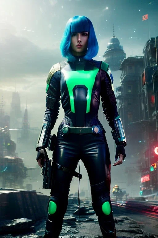 Futuristic soldier, physically fit, latex and leather attire, green hair, blue eyes, intricate eyeliner, vibrant eyeshadow, clear completion, soft lighting, 4k resolution, intricate details, insanely detailed, colorful cityscape background, masterpiece, expert, cinematic smooth, retroanime style, realistic details, no helmet