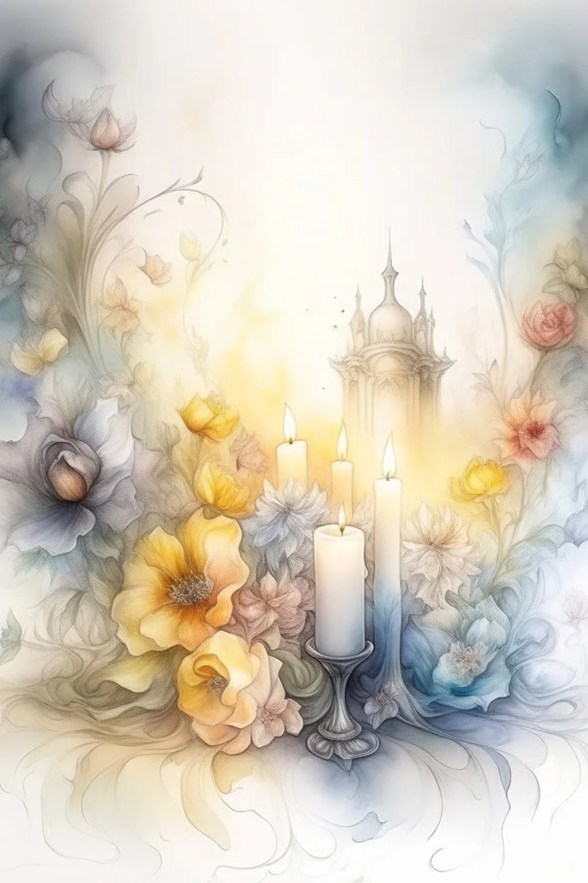 magic Watercolor, color, flowers, candles, purification from ghosts, subtle black ink drawing, several landscapes, collage, fog, many details,delicate sensuality, realistic, high quality,3d, work of art, hyperdetalization, professionally, filigree, hazy haze, hyperrealism, professionally, transparent, delicate pastel tones, backlight from behind, contrast, fantastic, fabulous, unreal, translucent, glowing,clear lines, horror,epic, hyperrealism.