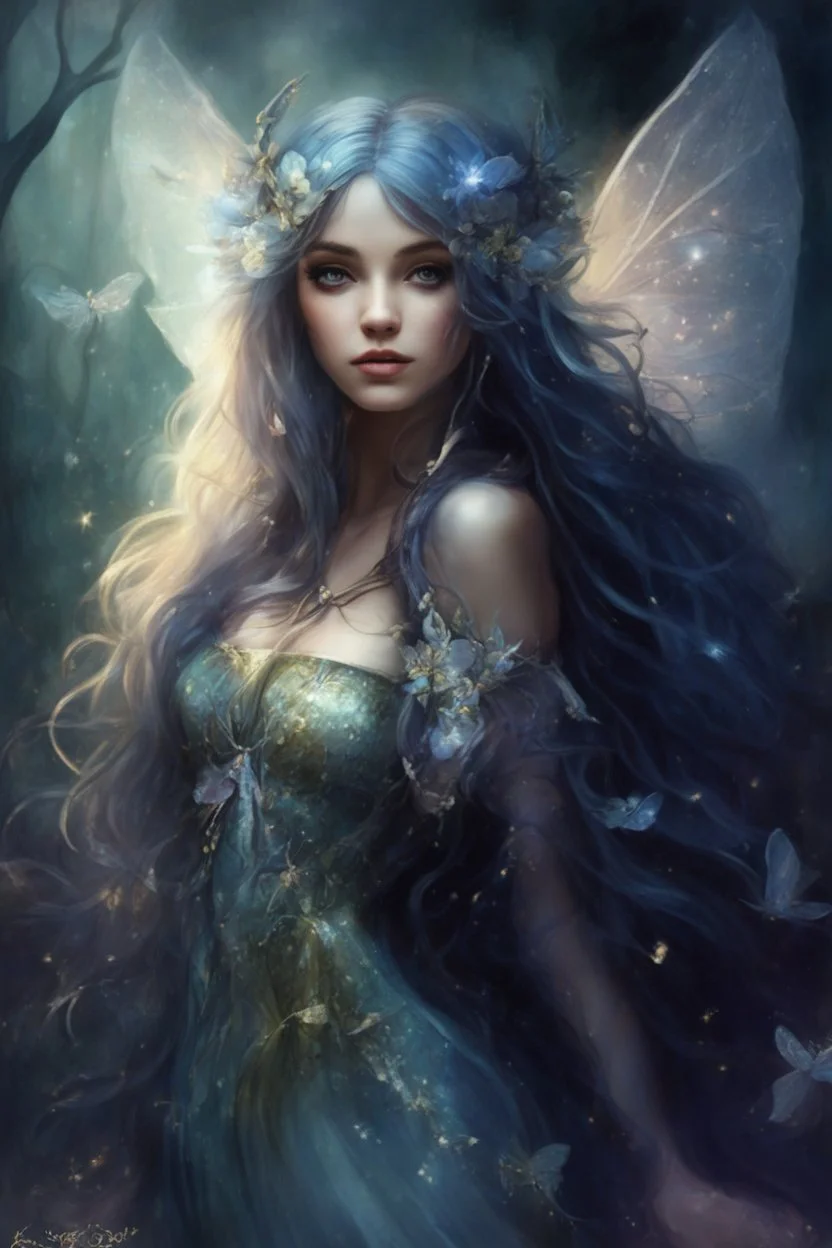 Midnight blue,Dark blue hair,night,dark fairy princess ,elven crown,elven ears,sparkle,glitter,lillies of the valley,gold armor,dragonflies,rapunzel hair