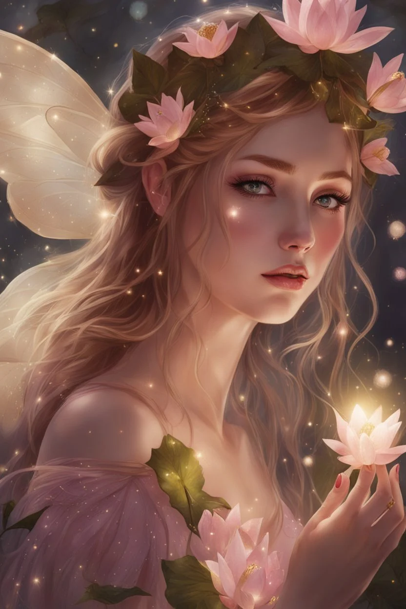 Pink dress,Sparkling fairy wings,Very long golden hair,Fairy crown,pointed ears,elven ears,fairy wings,water lilies,sparkling,glittering,flowers,blossoms,golden crown,light pink dress