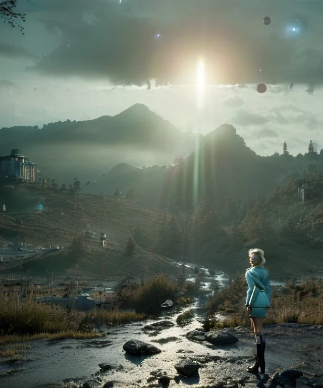 Ultra Realistic retro sci-fi 1960 scene, waist up view portrait, blonde woman, sweet young Marilyn Monroe face, perfect iris, tight latex coat, alien planet background, tight style, steel sphere dron levitating, fog, rain, soft color, highly detailed, unreal engine 5, ray tracing, RTX, lumen lighting, ultra detail, volumetric lighting, 3d, finely drawn, high definition, high resolution.