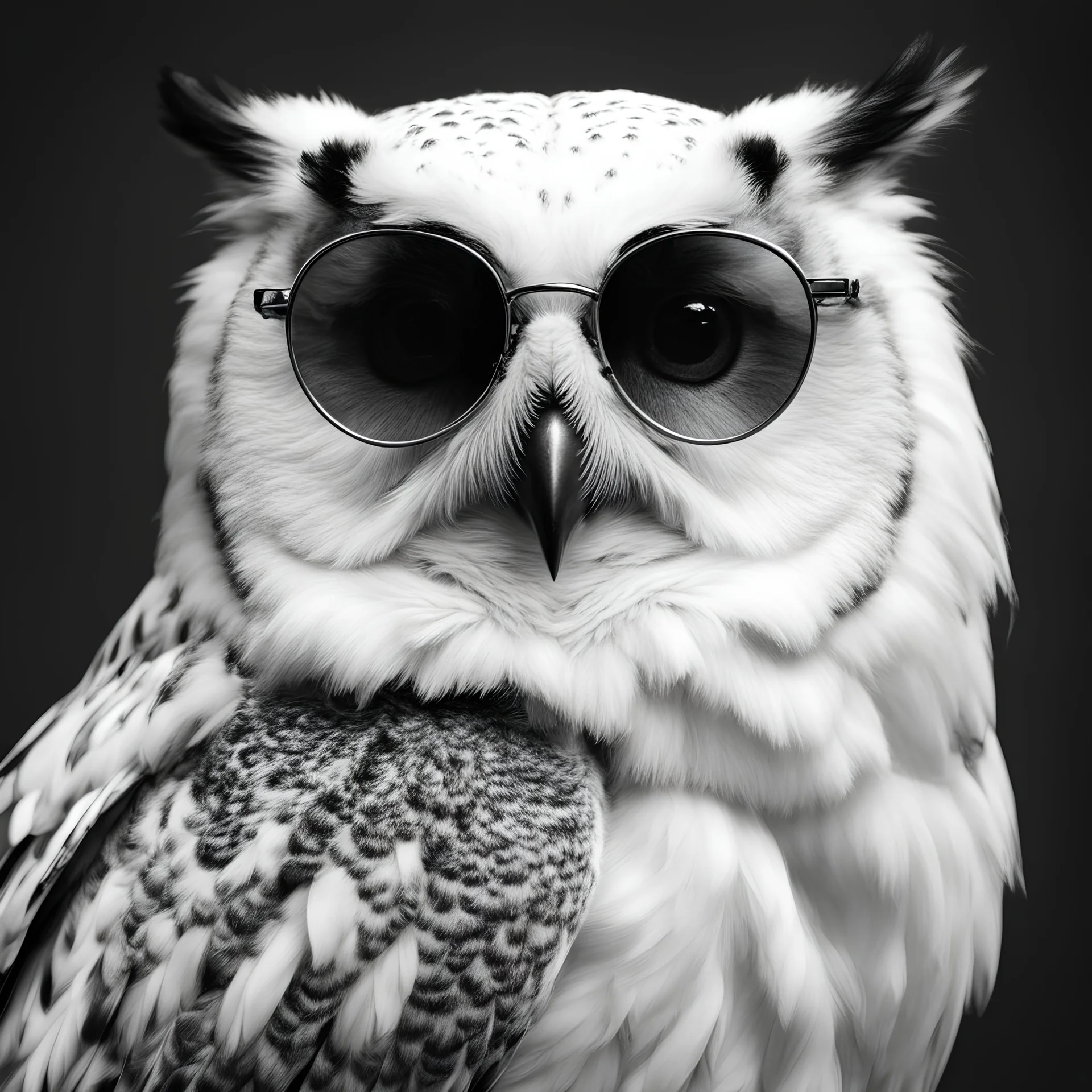 a portrait of a white owl wearing sunglasses