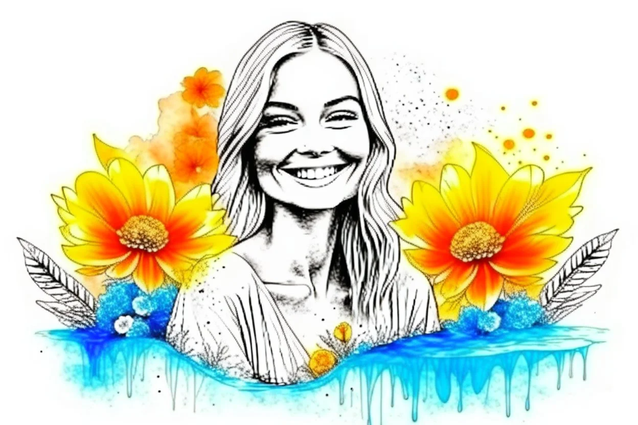 A Smiley gorgeous woman stunning drawn on paper by blue dry ink pen sketch, colored flowers beside paper. pastel colors double exposure: waterfall, misty morning, reflection, sunrise