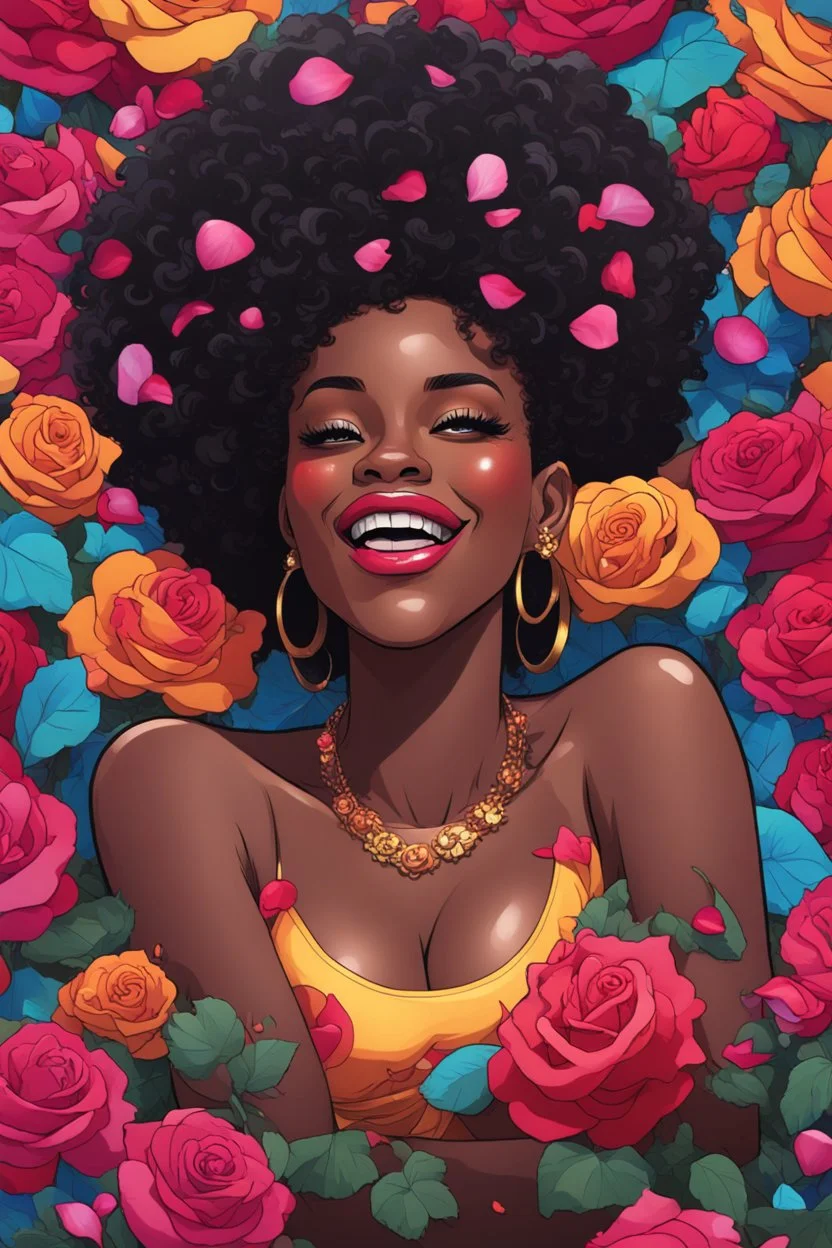 A sassy pop punk art cartoon of a black female lounging lazily on her side, surrounded by colorful roses flower petals. Looking up coyly, she grins widely, showing teeth. Highly detailed black afro , regal expression.