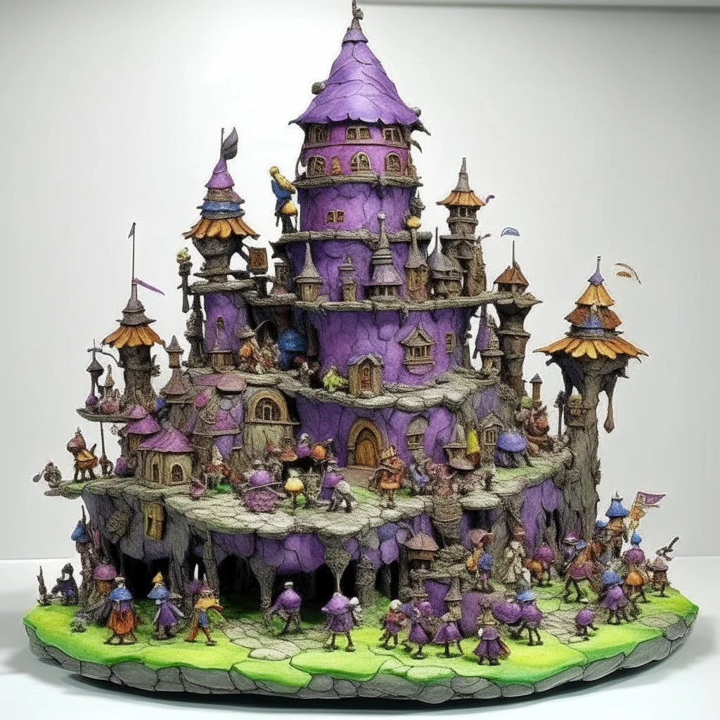 A purple castle in a chaotic realm designed in Hawaiian tiki statues painted by Pieter Bruegel the Elder