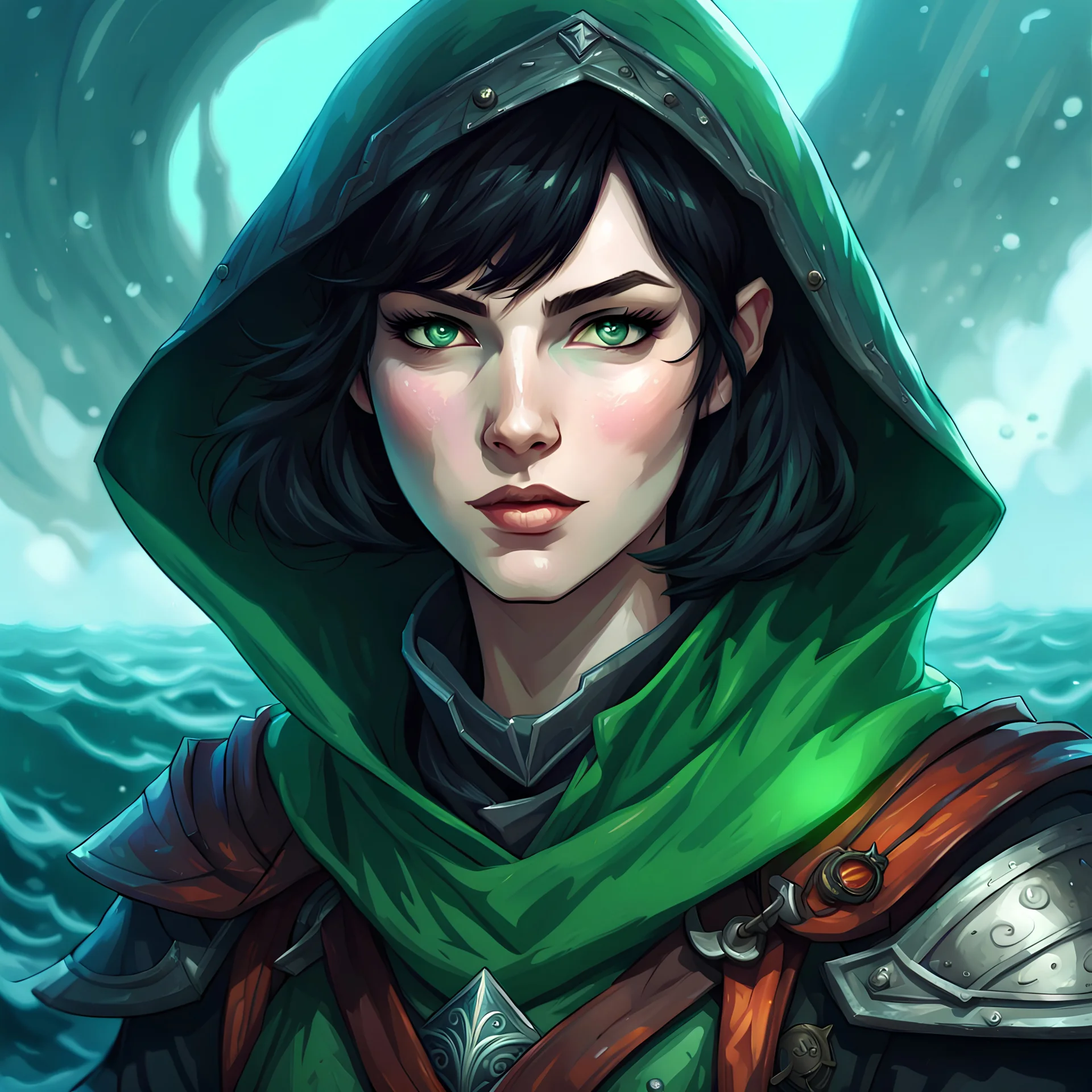 dungeons & dragons; portrait; headshot; female; teenager; pale skin; short black hair; green eyes; warlock; the fathomless; sea travel clothes; sailing clothes; hood down; soft; deep sea; deep ocean