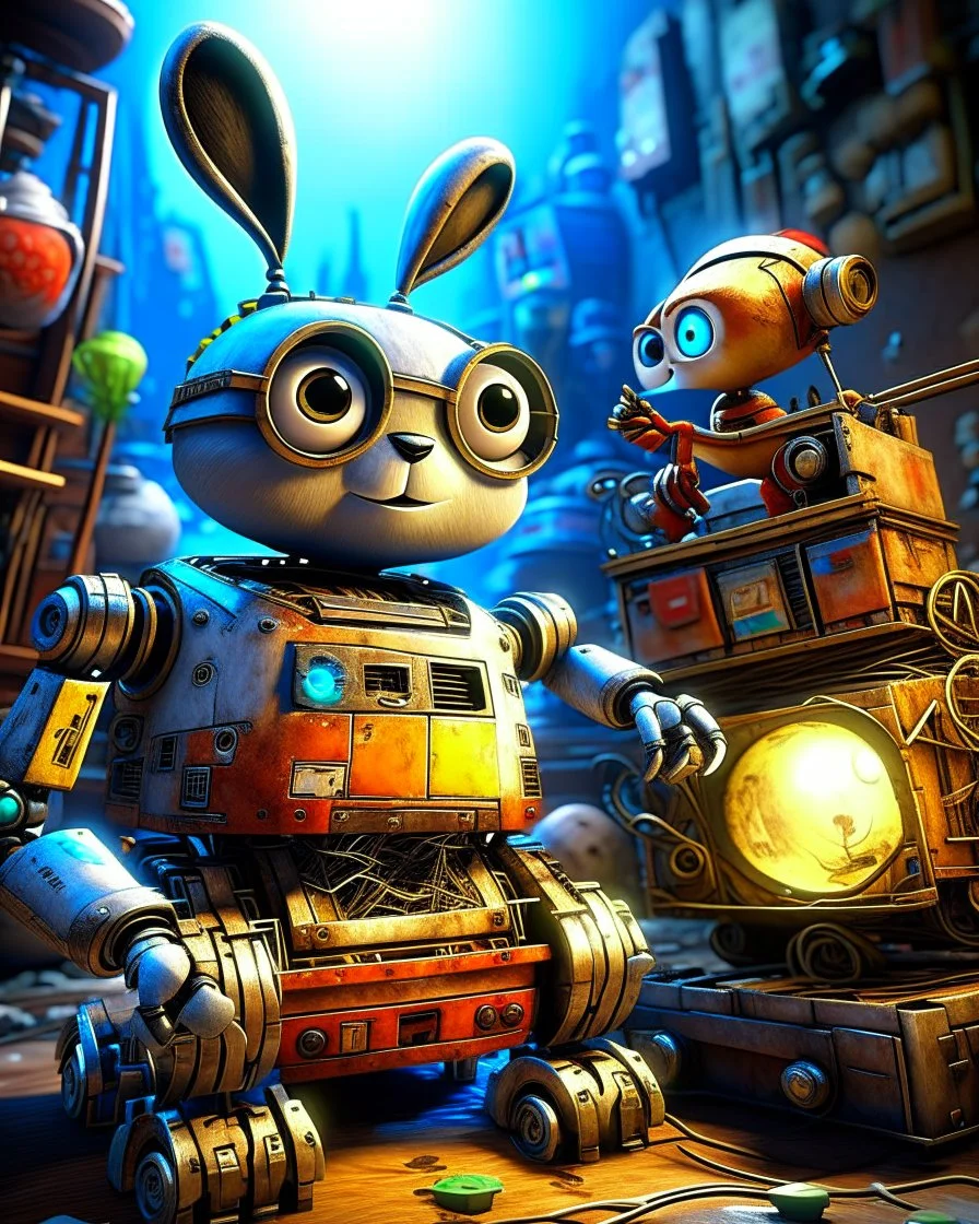 Wall-E helps Steampunk Easter-bunny to paint the eggs Modifiers: extremely detailed intricate cinematic lighting wallpaper award winning fantastic view hyperrealistic ultra detailed crisp quality cinematic postprocessing Ultra realistic Surrealism realistic picture in a clean modern dieselpunk and steelpunk environment surreal ambiance the style is in high contrast and vivid blues cinematic lighting intricate extremely detailed intricate