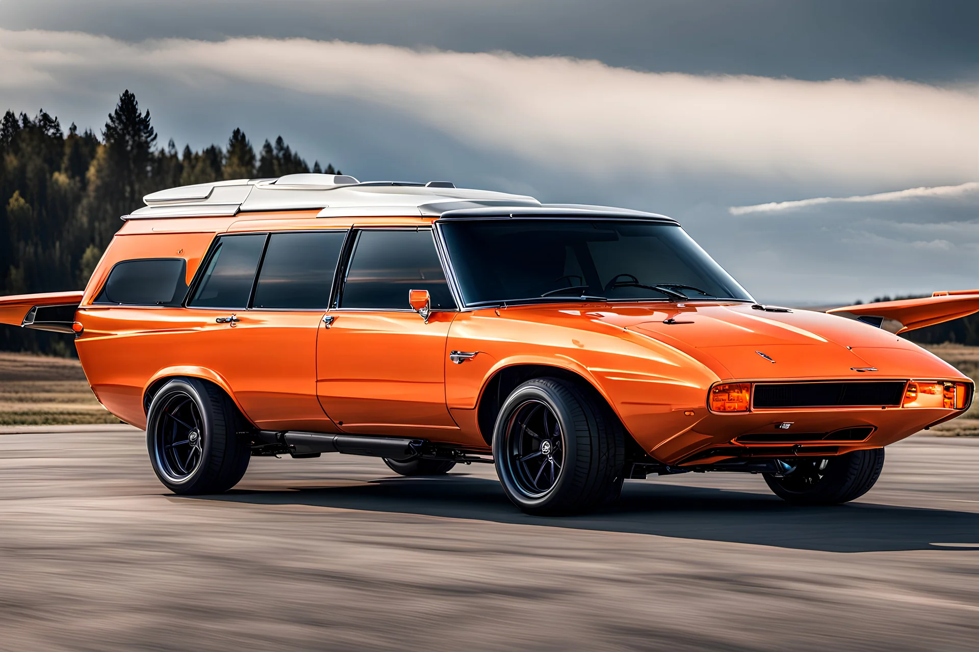 a military fighter jet station wagon hybrid painted orange metallic