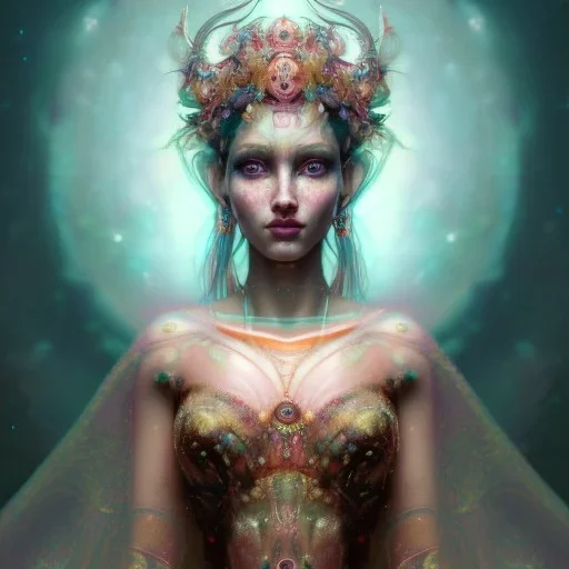 beautiful goddess, wearing gown of gemstones | fantasy, hyper-detailed, accurate anatomy, symmetrical facial features, sharp focus, volumetric lighting, 16k | karol bak, yoshitaka amano, tom bagshaw, aurora, zbrush cel-shaded, cgsociety | ethereal beautiful astral vaporwave storybook illustration, dark fantasy