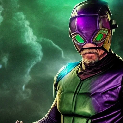 Kevin Bacon as Mysterio, Marvel, Green mist, MCU Multiverse, Zombie Avengers, Purple Background, Green clouds, Mist in helmet, Evil Dead Cabin, Necronomicon Book,