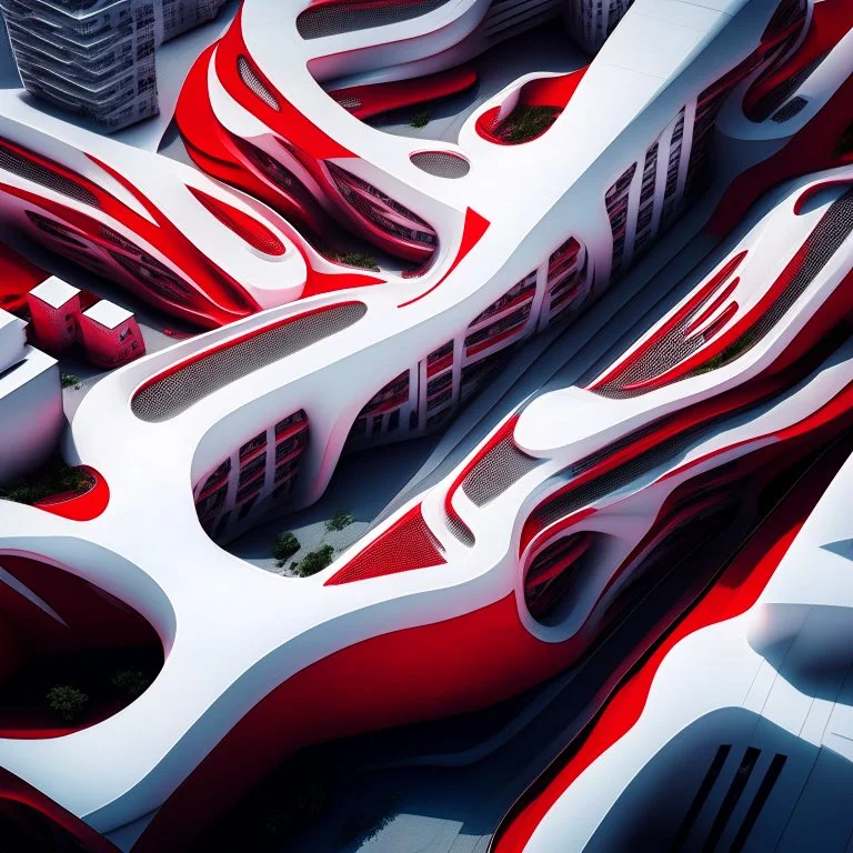 Imágen de arte lineal de una urbanización, vista aérea, estilo Zaha Hadid, calidad ultra, hiperdetallado, 8k, color rojo y blanco