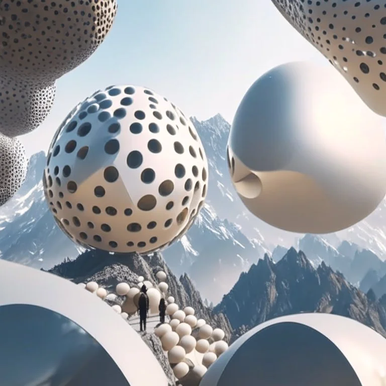 perspective viewpoint in the mountains, in the form of spheres and ovals, people, men, women, incredibly hyper-detailed, ZahanHadid style architecture 4k