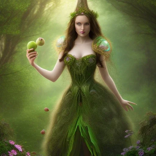 delicate hands with apple, upper body of dark celtic selda, fast walker, as a brunette young cute feminine woman, short hair, green forest background, pond, mega flowers,peacock,sun light