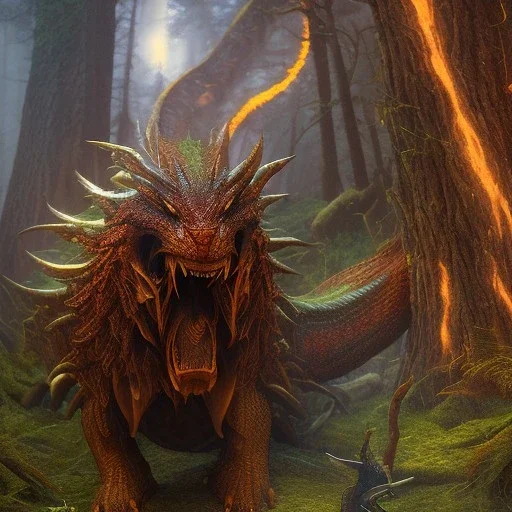 film still, cinematic dragon, chrome teeth, blazing forest fire by paul bonner