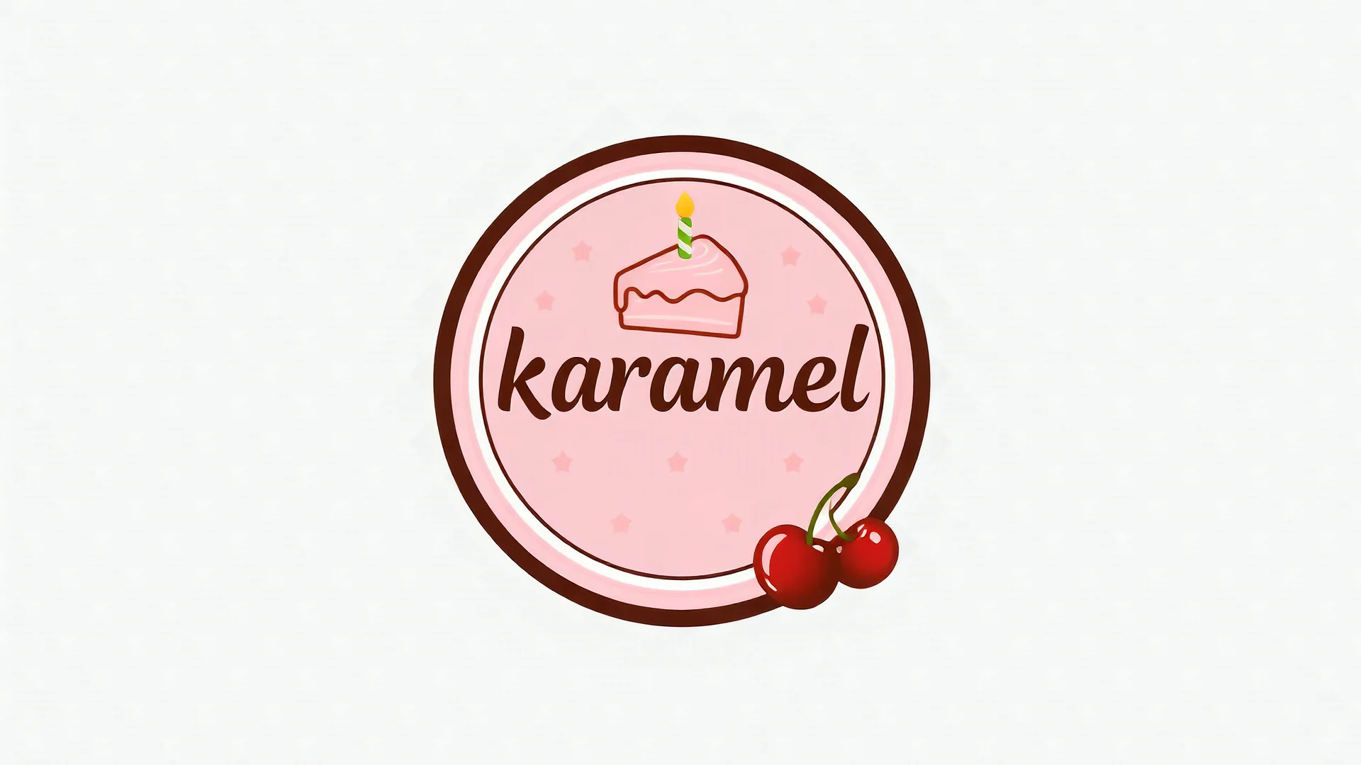 A round logo with a black and pink border named (karamel) designed for a candy shop with a cherry gold and pink theme on a white background and using symbols of chocolate and birthday cake and a few cherries hanging from the side of the logo.