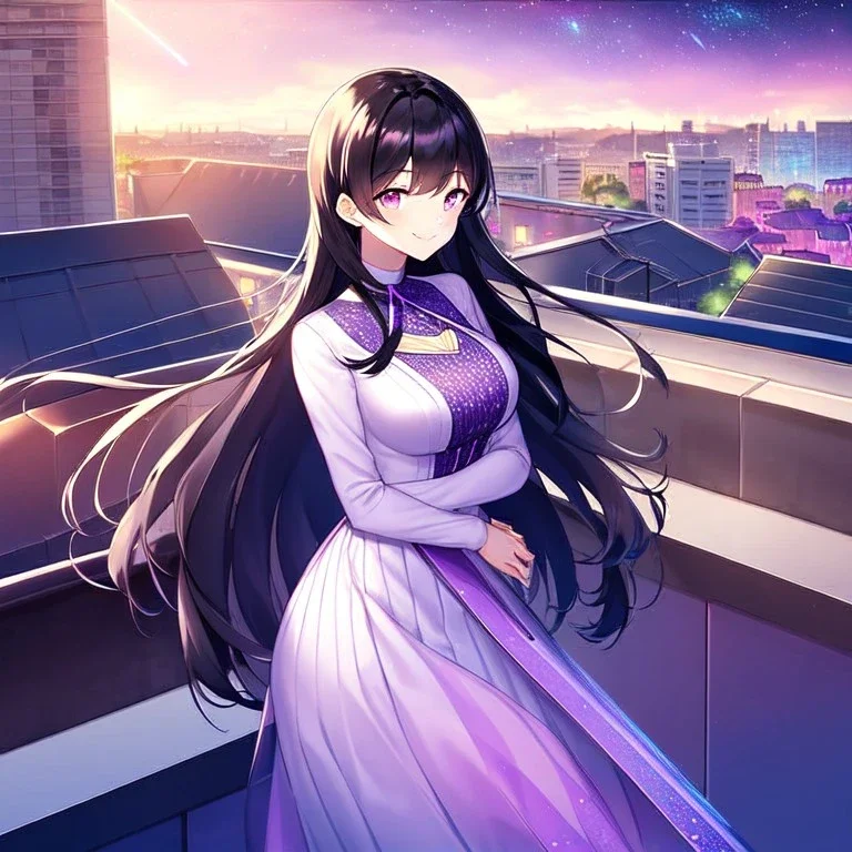 girl, masterpiece, best quality, cinematic lighting, detailed outfit, perfect eyes, long hair, black hair, purple eyes, beautiful lighting, vibrant colors, starry sky, shooting star, rooftop, town, smile,