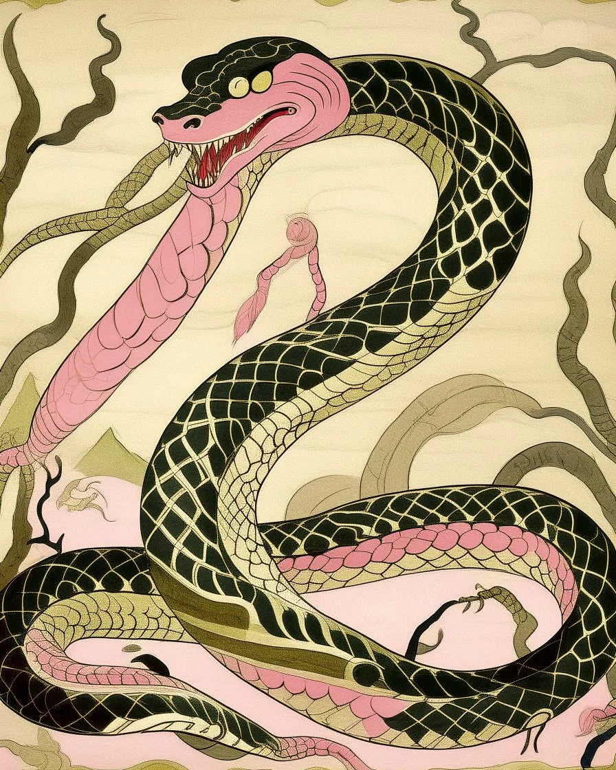 A pink poison elemental snake designed in Bayeux tapestry painted by Lyonel Charles Feininger