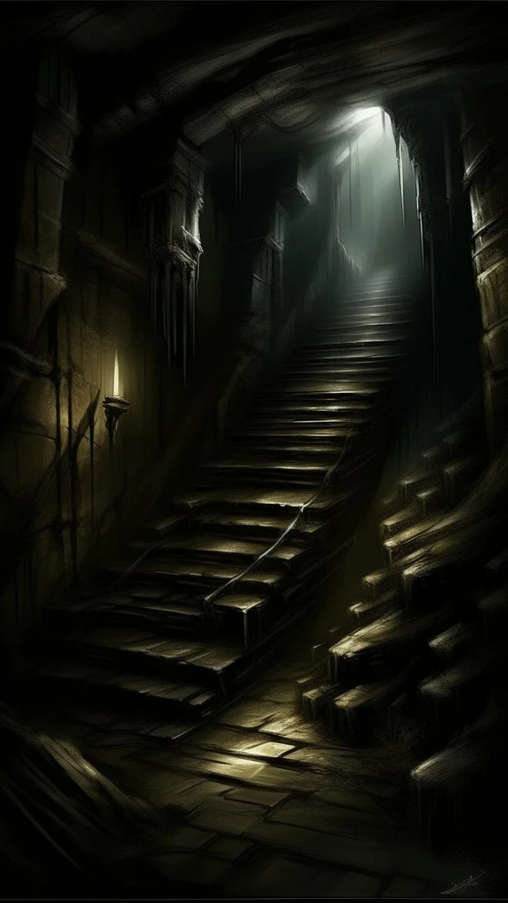 A stair from underground to anothet, darkness reigns supreme, swallowing light and casting an eerie gloom. Jagged rocks jut ominously, shadows dancing with unseen creatures. Sinister shapes glide, eyes gleaming in the murky depths. Distant rumblings and creaking sounds fill the water, sending shivers. In this desolate underworld, fear of the unknown pervades every corner, where the slightest movement evokes terror. It's a realm where nightmares manifest, and the deep, unfathomable expanse inst