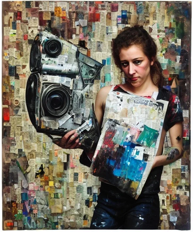 happy beautiful girl holding big proffesional camera in studio. street art, oil on canvas, spray paint, collage, letters, newspapeers, Dave McKean, Vladimir Fedotko, Saturno Butto, Vaughn Bodé, Frank Wu, James C. Christensen, collage, dirty, paint dripping, radiant