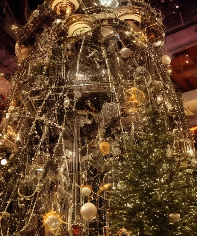 Christmas tree inside futuristic steampunk space ship