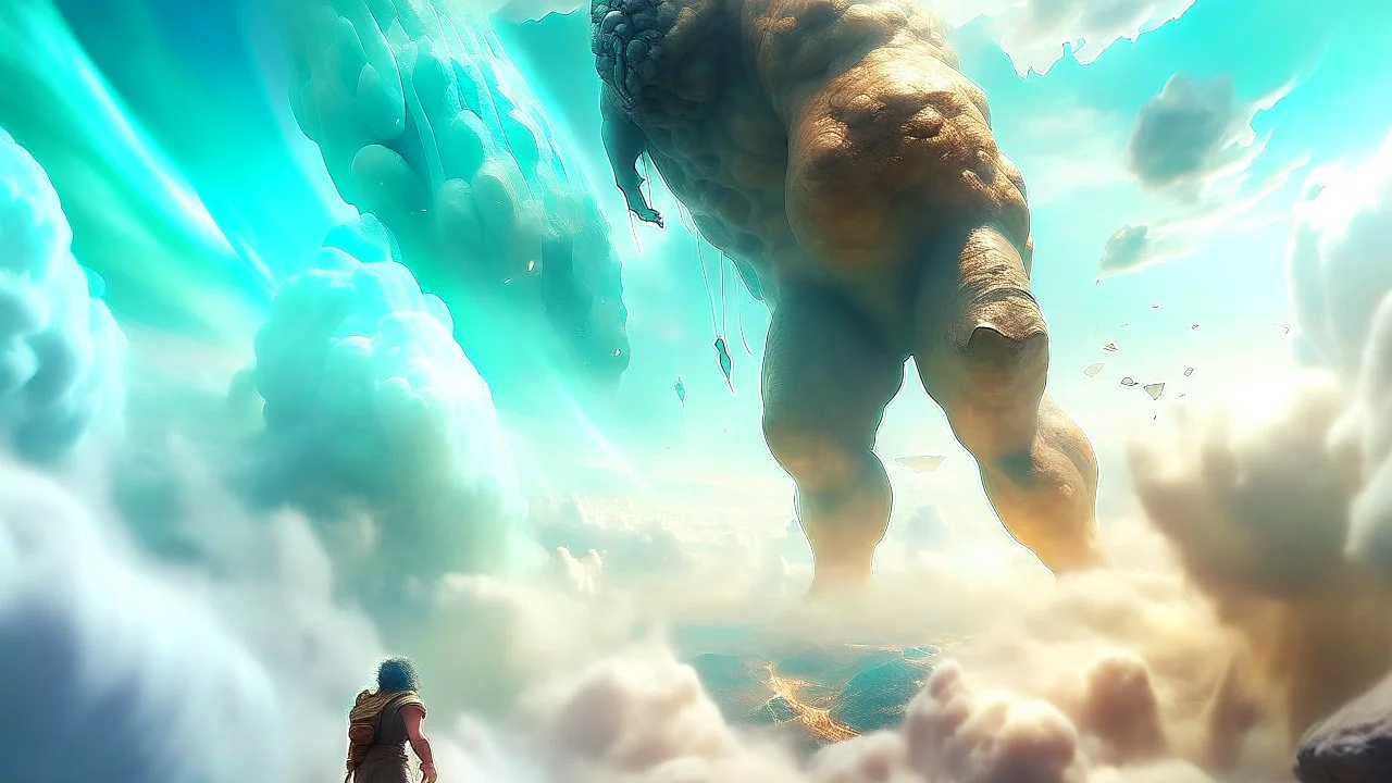 Fantasy digital illustration: colossal giant falling from the sky