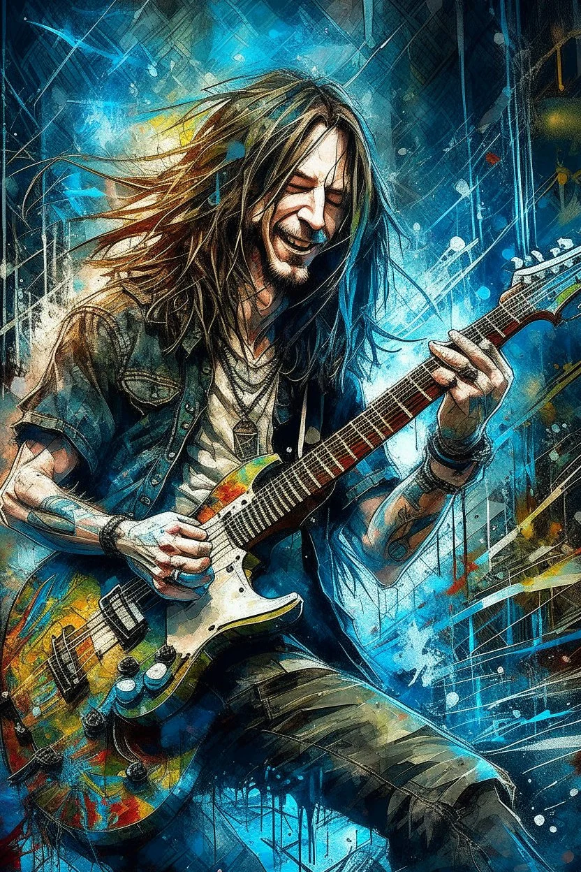 A ultra realistic poster of a rock and roll tattooed long hair guy playing electric guitar , having word sign as “street art ”, by Daniel Castan Carne Griffiths Andreas Lie Russ Mills Leonid Afremov, black background, fine lines draw, smile, standing in the temple