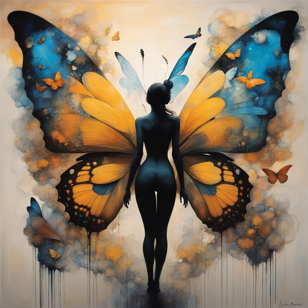 A mesmerizing mixed-media masterpiece by T. Mann NYC, seamlessly blending the styles of renowned artists such as Bouguereau, Anne Bachelier, Zdzislaw Beksinski, Dan Seagrave, J.M.W. Turner, and Van Gogh. A captivating exploration of the butterfly effect unfolds as a beautiful female silhouette takes center stage. The background artfully merges minimalist chalk pastel techniques with a dark monochrome palette, creating an enchanting atmosphere. In this masterpiece, a mesmerizing blue bird spreads